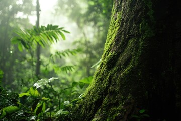 Fototapeta premium A moss-covered tree trunk in the rainforest, surrounded by lush greenery and misty air, evoking an enchanting woodland scene,generative ai