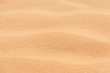A close-up shot of desert sand showing its fine texture and subtle waves. The soft, warm tones of the sand create a calming and natural feel