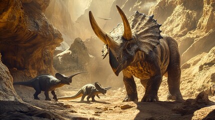 Fototapeta premium male Triceratops protecting its young in a rocky canyon with other dinosaurs nearby 