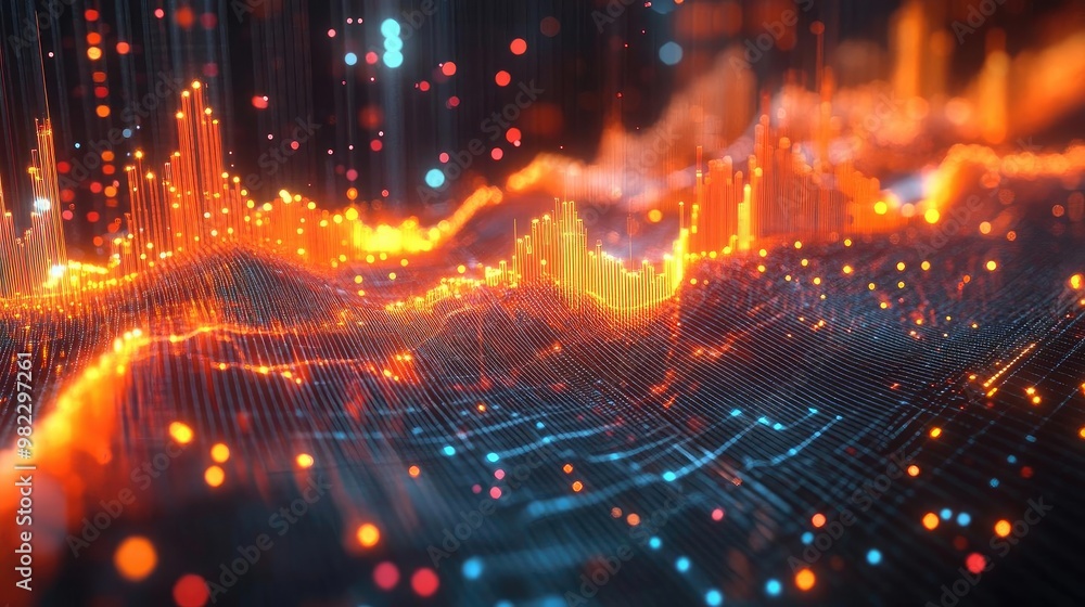 Poster abstract digital landscape featuring vibrant orange and blue waves, representing data flow and techn