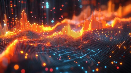 Fototapeta premium Abstract digital landscape featuring vibrant orange and blue waves, representing data flow and technological innovation.