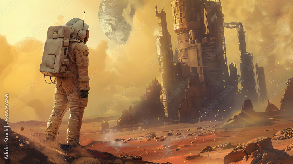 Wall mural an astronaut in a spacesuit on the surface of an uncharted planet. ai generated