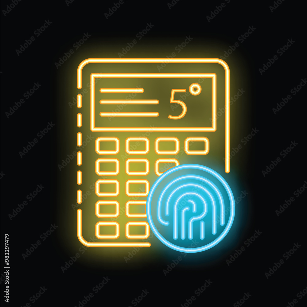 Poster glowing neon icon of a calculator displaying a fingerprint for verification purposes