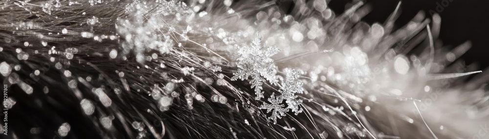 Aufkleber close-up of intricate frost patterns on a plant, highlighting delicate snowflakes and shimmering ice