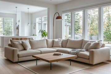 A photo of a Scandinavian mid century modern interior living room in a house with windows visible and lights, sofas and wooden tables. Generative AI
