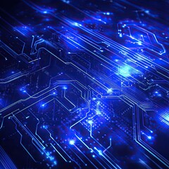 Fototapeta premium Vivid blue technology abstract with glowing circuits and lines, perfect for digital art, tech projects, and modern designs.
