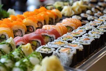 A vibrant assortment of sushi rolls elegantly arranged, showcasing various fresh ingredients and colors for a delightful culinary experience.