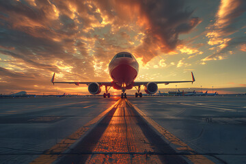 At sunset, a plane on a runway reflects the sky, forming a beautiful scene. It relates to aircraft, aviation, sky, and transportation. Key terms include flight, horizon, and twilight