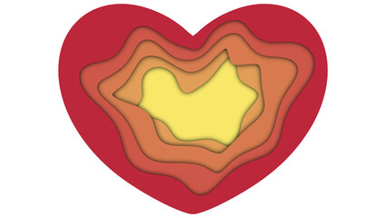 Heart shaped design created using a papercut technique. The heart is layered with concentric shapes in shades of red, orange, and yellow, creating a sense of depth and texture. 