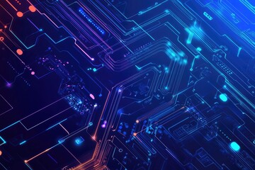 Abstract circuit board with vibrant blue and orange lines, showcasing technology and innovation in a digital landscape.