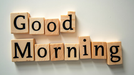 Obraz premium The cheerful message Good Morning is crafted from wooden blocks, inviting positivity and warmth at the beginning of a new day. The blocks rest on a plain surface