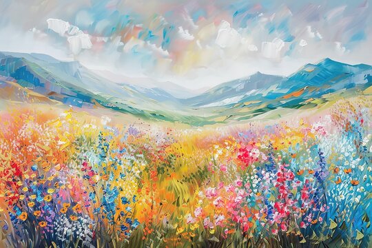 Artwork handmade abstract oil painting bright flowers floral landscape. Red, yellow, blue, purple abstract texture flowers