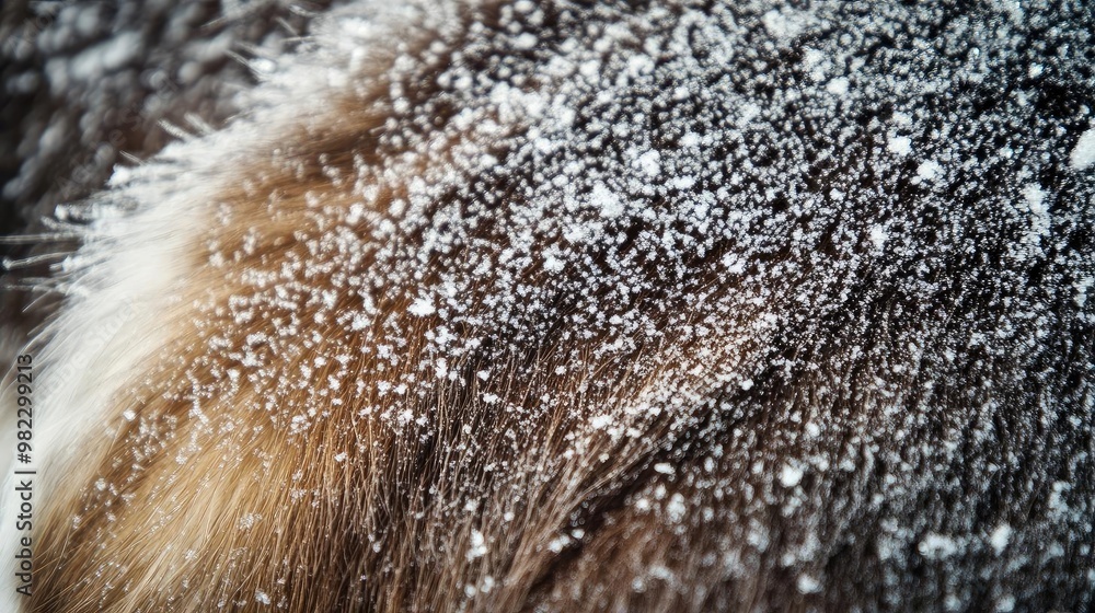Poster Close-up view of fur covered in frost or snow, showcasing intricate patterns and textures. Perfect for winter-themed projects.