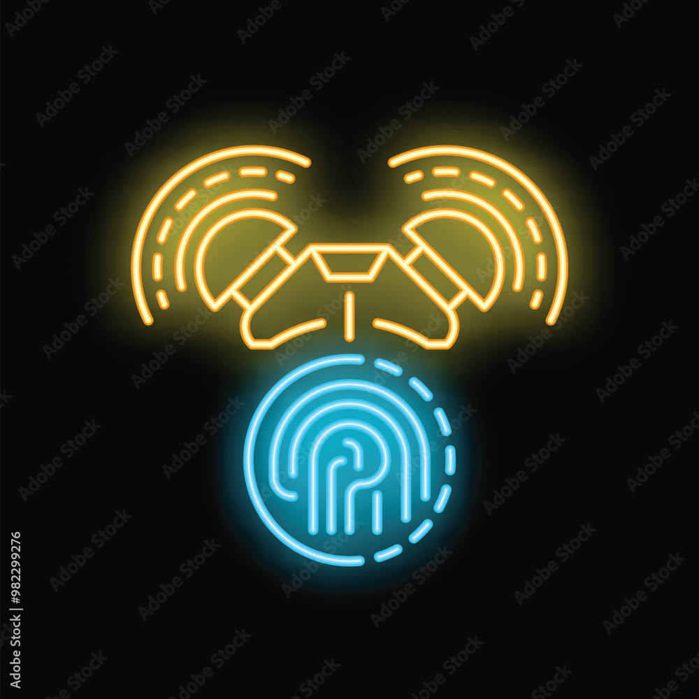 Poster neon icon of drone scanning fingerprint representing concept of modern identification technologies