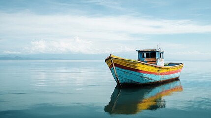 Obraz premium A colorful boat floats serenely on calm waters under a clear sky.