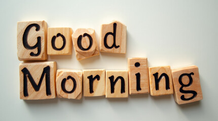 Wooden letter blocks arranged to spell Good Morning on a light surface, conveying a warm greeting and setting a positive tone for the day ahead