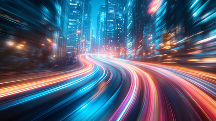 Obraz premium Neon-lit city streets with futuristic motion blur and glowing light trails at night