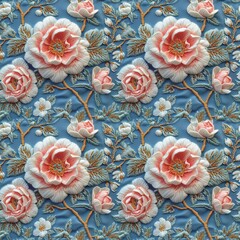 Decorative embroidery on fabric - peonies flowers seamless pattern. Floral nature decorative vintage tile background. Digital illustration. AI artwork.