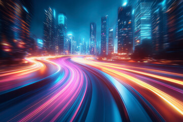 Obraz premium Neon-lit city streets with futuristic motion blur and glowing light trails at night