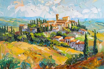 Obraz premium Hand drawn watercolor painting. landscape painting with buildings, house, hills, plants, cypress trees, farm fields