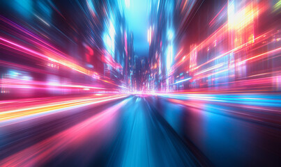 Neon-lit city streets with futuristic motion blur and glowing light trails at night
