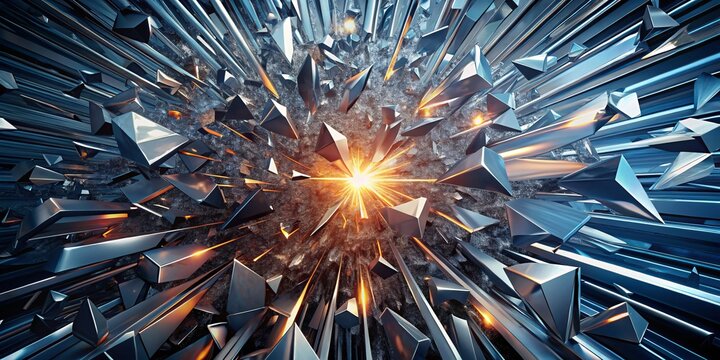 Icy shards hurtle outward, spinning from a central vortex, imploding with frenetic energy, scattering tiny fragments