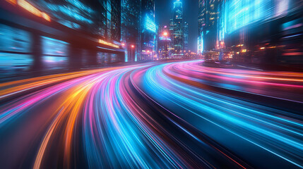 Neon-lit city streets with futuristic motion blur and glowing light trails at night