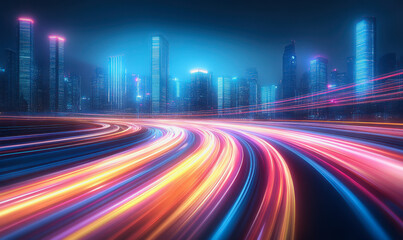 Fototapeta premium Neon-lit city streets with futuristic motion blur and glowing light trails at night