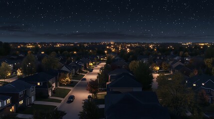 Aerial view of a residential neighborhood at night with street lights and a starry sky.