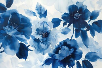 Luxury abstract art botanical composition. Spring minimal design in blue and golden shades. Watercolor flowers, plants, leaves.