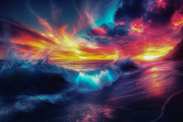 Vibrant sunset over a crashing ocean, blending vivid colors with dramatic clouds