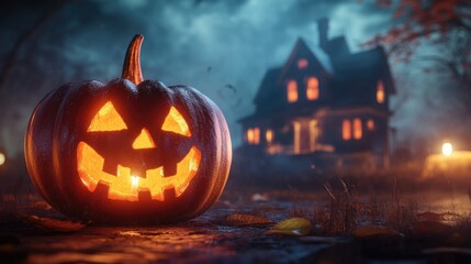 Halloween pumpkin with candlelight in front of a haunted house background,