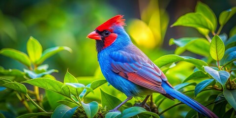 Fototapeta premium In a tapestry of emerald hues, a radiant blue cardinal surveys its domain, its regal presence a perfect