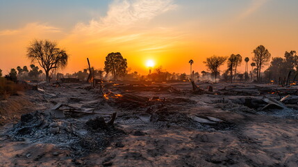 Aftermath of wildfire destruction at sunset. Landscape of burned trees and smoldering debris. Environmental awareness and natural disaster documentation