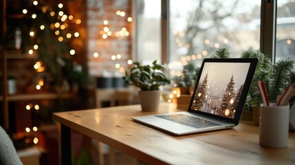 Fototapeta premium Open office space decorated for Christmas holidays with trees and ornaments, creating warm and festive atmosphere at workplace