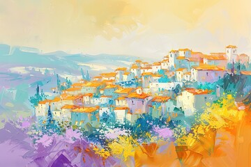 Mountain lake, hills and mountains, upland Landscape. Oil on canvas, modern art, watercolor painting