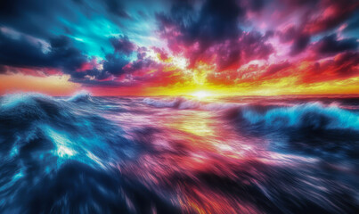 Vibrant sunset over a crashing ocean, blending vivid colors with dramatic clouds