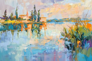 Mountain lake, hills and mountains, upland Landscape. Oil on canvas, modern art, watercolor painting
