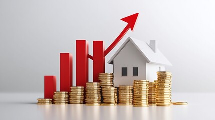 A conceptual image depicting real estate growth, featuring a house, coins, and an upward trend graph for financial investments. Real estate and property crisis concept.
