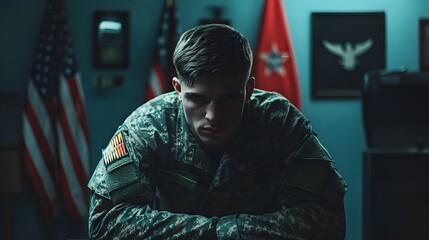 Fototapeta premium A militaristic interrogation chamber with national flags and insignias on the wall. The soldier leans forward, about to commence a hardline interrogation