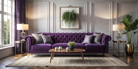 Interior design with a comfortable deep purple couch in a modern living room