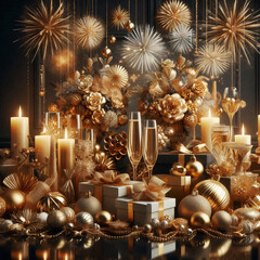 A sophisticated New Year’s Eve table setting with golden decor, candles, and wrapped gifts. Celebratory atmosphere with an emphasis on luxury and elegance