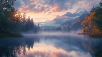 Fototapeta premium Misty Morning Lake Surrounded by Trees and Mountains with a Pink Sky