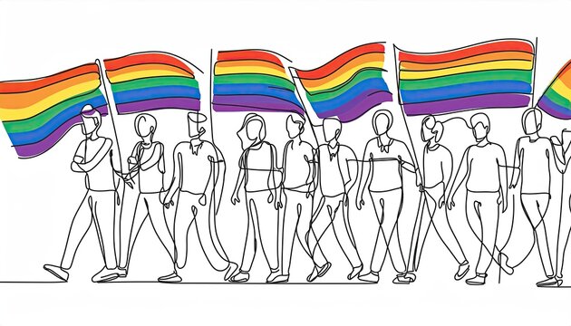 pride parade: rainbow flags, line art clip art preview