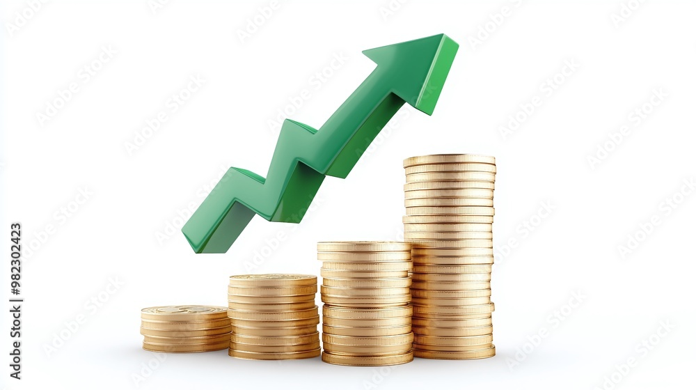 Poster a dynamic representation of financial growth, showcasing stacked coins with an upward arrow symboliz