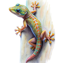 Obraz premium Colorful Gecko Climbing on a Branch, Colored Pencil Drawing, Isolated on White Background, gecko, reptile, lizard, animal