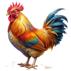 Fototapeta premium Colorful Rooster with Red Crest and Blue Tail Feathers Isolated on White Background, Rooster, Bird, Farm Animal, Animal Illustration
