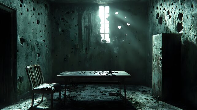 A war-torn interrogation room, metal table overturned, dim light casting shadows on walls riddled with bullet holes, survivor waits with quiet desperation