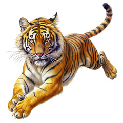 Fototapeta premium Digital Painting of a Bengal Tiger Pouncing, Isolated on White Background, Tiger, Predator, Wildlife, Big Cat