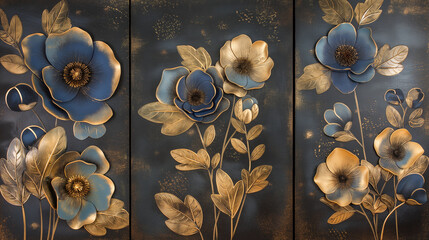 detail of a gold and blue set of three triptych set wall art floral design
